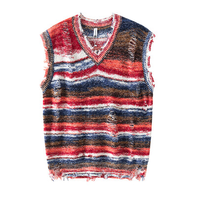 Μόδα ανδρικών ενδυμάτων Αμάνικο πλεκτό με λαιμόκοψη V για άνοιξη 2024 Πουλόβερ σε στυλ φούντα All Match Πολύχρωμο ριγέ γιλέκο