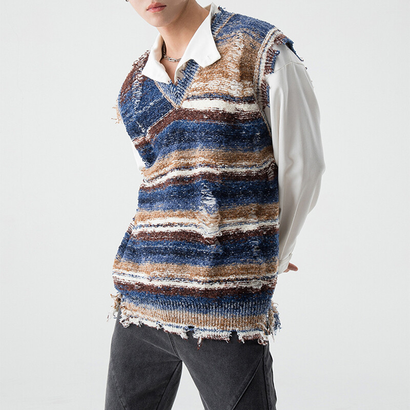 Μόδα ανδρικών ενδυμάτων Αμάνικο πλεκτό με λαιμόκοψη V για άνοιξη 2024 Πουλόβερ σε στυλ φούντα All Match Πολύχρωμο ριγέ γιλέκο
