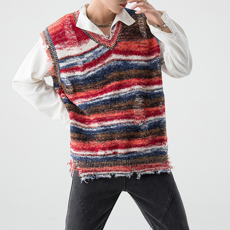 Μόδα ανδρικών ενδυμάτων Αμάνικο πλεκτό με λαιμόκοψη V για άνοιξη 2024 Πουλόβερ σε στυλ φούντα All Match Πολύχρωμο ριγέ γιλέκο