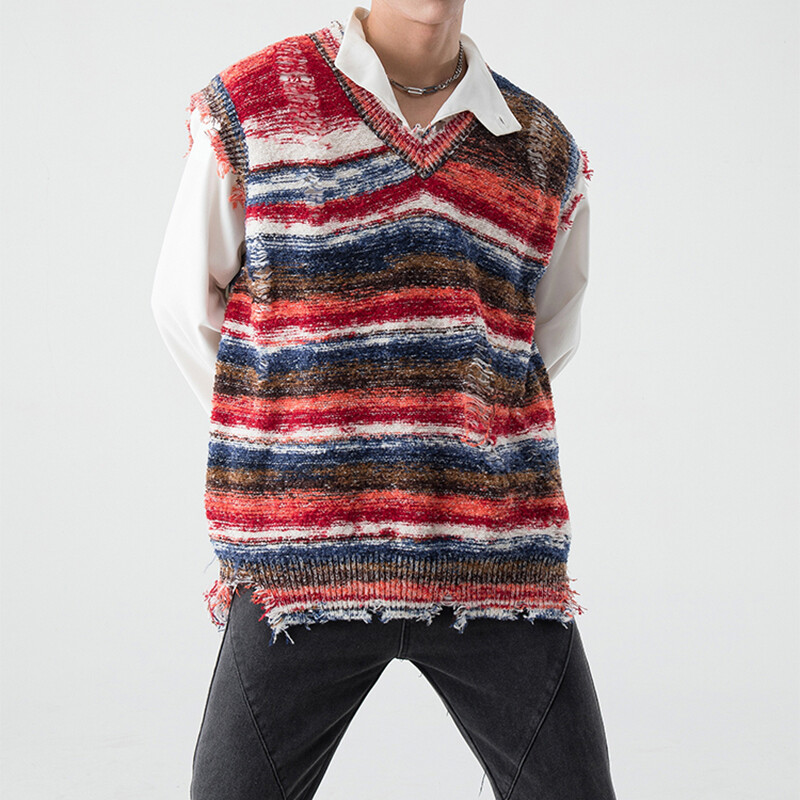 Μόδα ανδρικών ενδυμάτων Αμάνικο πλεκτό με λαιμόκοψη V για άνοιξη 2024 Πουλόβερ σε στυλ φούντα All Match Πολύχρωμο ριγέ γιλέκο