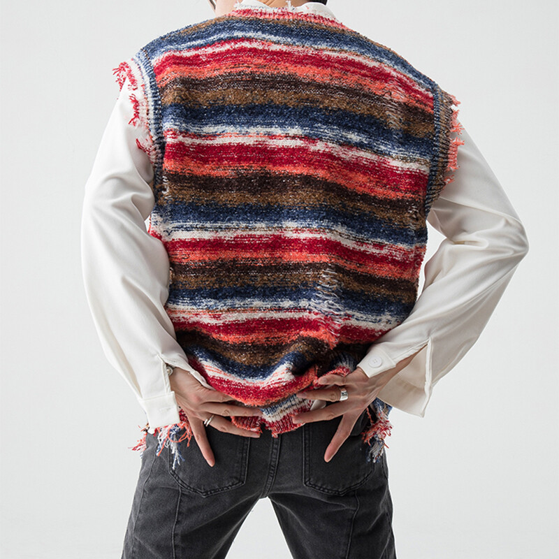 Μόδα ανδρικών ενδυμάτων Αμάνικο πλεκτό με λαιμόκοψη V για άνοιξη 2024 Πουλόβερ σε στυλ φούντα All Match Πολύχρωμο ριγέ γιλέκο