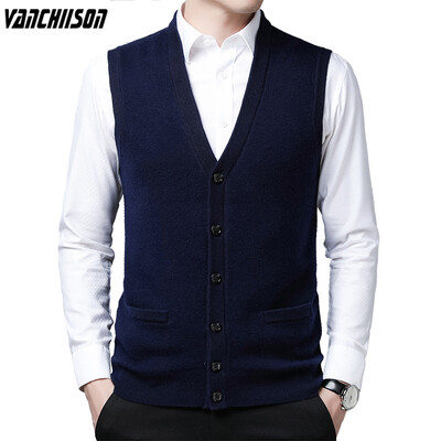 Bărbați 50% lână vestă tricot fără mâneci cu nasturi în jos Pulover de bază cardigan gros pentru toamna iarnă bărbați modă afaceri casual 00449