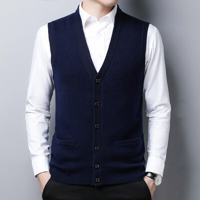Muškarci 50% vuneni prsluk bez rukava, pleteni gumbi, osnovni pulover, debeli kardigan za jesen i zimu, muška poslovna moda, ležerna 00449