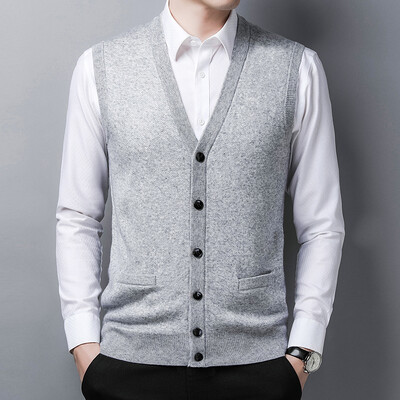 Muškarci 50% vuneni prsluk bez rukava, pleteni gumbi, osnovni pulover, debeli kardigan za jesen i zimu, muška poslovna moda, ležerna 00449