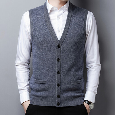 Muškarci 50% vuneni prsluk bez rukava, pleteni gumbi, osnovni pulover, debeli kardigan za jesen i zimu, muška poslovna moda, ležerna 00449