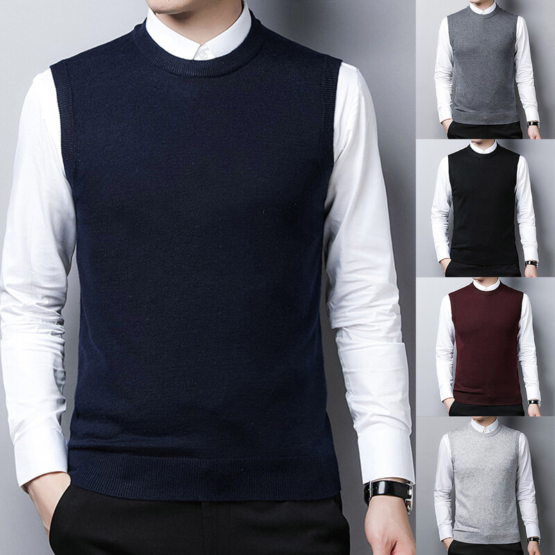 Muški uski pleteni vuneni vuneni pulover bez rukava, prsluk, pletena majica bez rukava, jednobojni ležerni muški pulover, prsluk