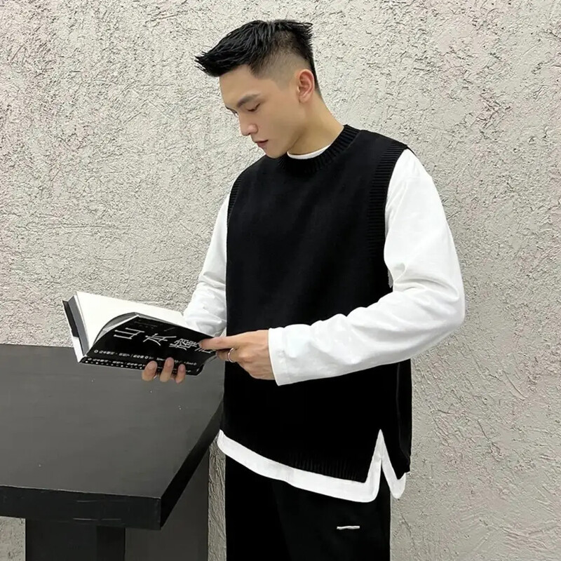 Muška odjeća s okruglim ovratnikom, poslovni prsluk, crni prsluk bez rukava, pleteni pulover s okruglim izrezom, muški stari japanski Harajuku modni X