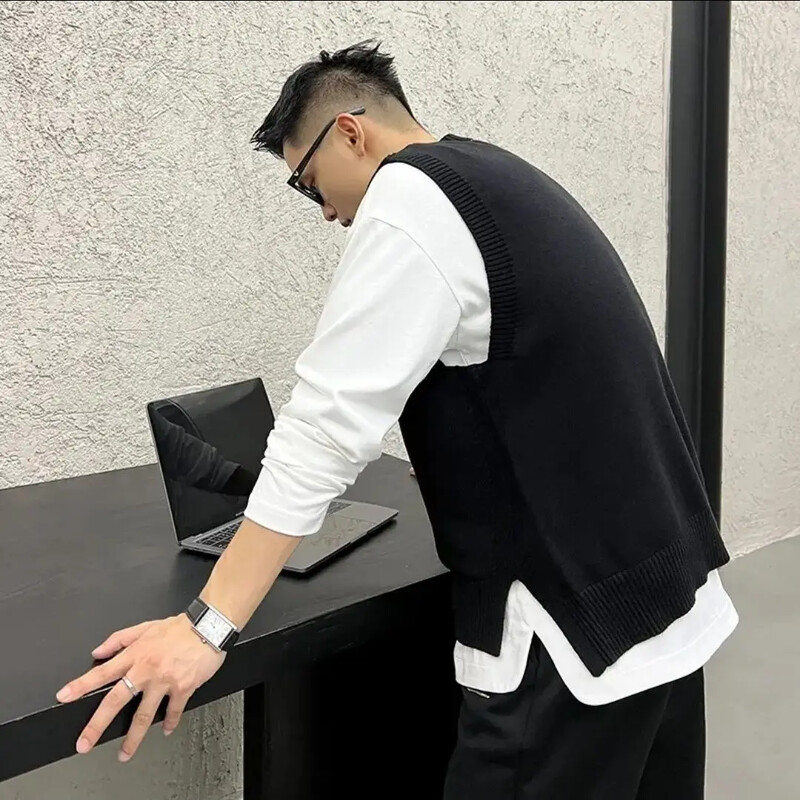 Muška odjeća s okruglim ovratnikom, poslovni prsluk, crni prsluk bez rukava, pleteni pulover s okruglim izrezom, muški stari japanski Harajuku modni X