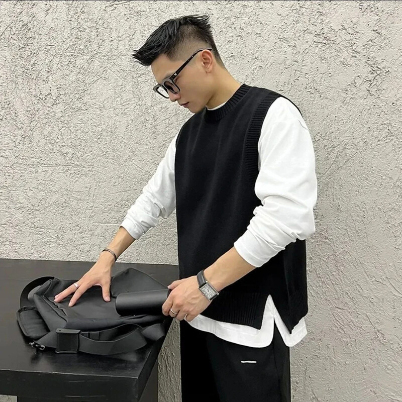 Muška odjeća s okruglim ovratnikom, poslovni prsluk, crni prsluk bez rukava, pleteni pulover s okruglim izrezom, muški stari japanski Harajuku modni X