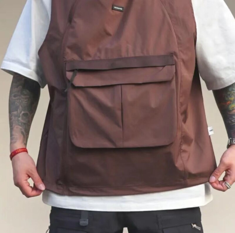 Vestă cu glugă pentru bărbați, stil funcțional, cu buzunar mare, cu fermoar, haină fără mâneci, maiuri sport la modă, hanorac casual vintage, îmbrăcăminte de stradă