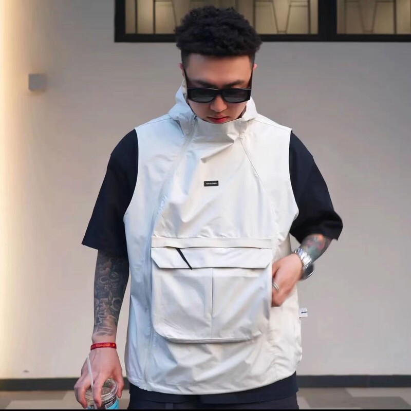 Vestă cu glugă pentru bărbați, stil funcțional, cu buzunar mare, cu fermoar, haină fără mâneci, maiuri sport la modă, hanorac casual vintage, îmbrăcăminte de stradă