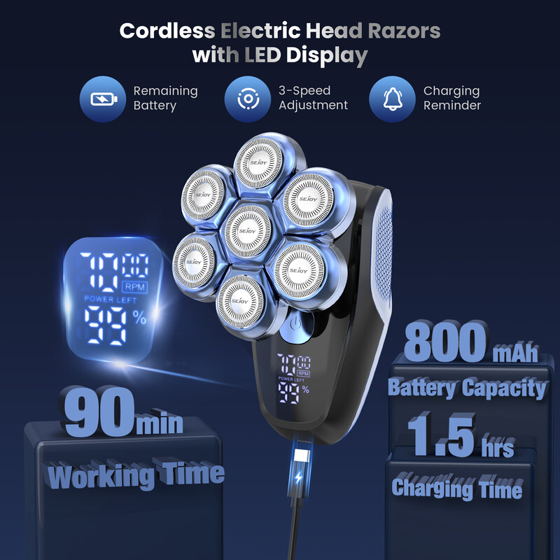 Sejoy 5 u 1 električni brijač za glavu za ćelave muškarce 7 oštrica plutajući brijač trimer za kosu USB punjivi LED zaslon brijači za bradu