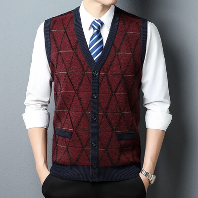 Novi jesenski muški kardigan prsluk, poslovno ležerni modni pleteni džemper s džepovima za toplinu, prsluk s V-izrezom