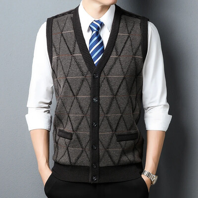 Novi jesenski muški kardigan prsluk, poslovno ležerni modni pleteni džemper s džepovima za toplinu, prsluk s V-izrezom