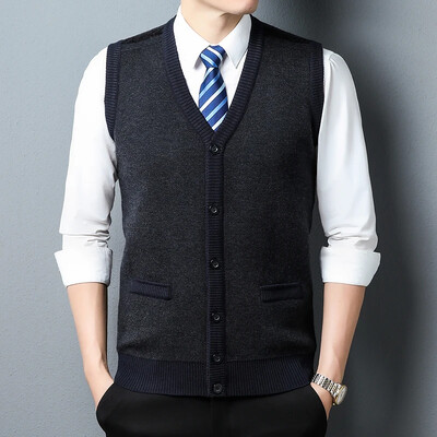 Novi jesenski muški kardigan prsluk, poslovno ležerni modni pleteni džemper s džepovima za toplinu, prsluk s V-izrezom