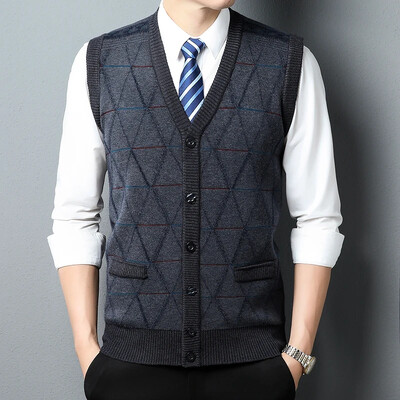 Novi jesenski muški kardigan prsluk, poslovno ležerni modni pleteni džemper s džepovima za toplinu, prsluk s V-izrezom