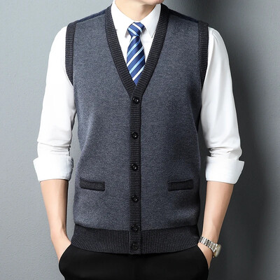 Novi jesenski muški kardigan prsluk, poslovno ležerni modni pleteni džemper s džepovima za toplinu, prsluk s V-izrezom