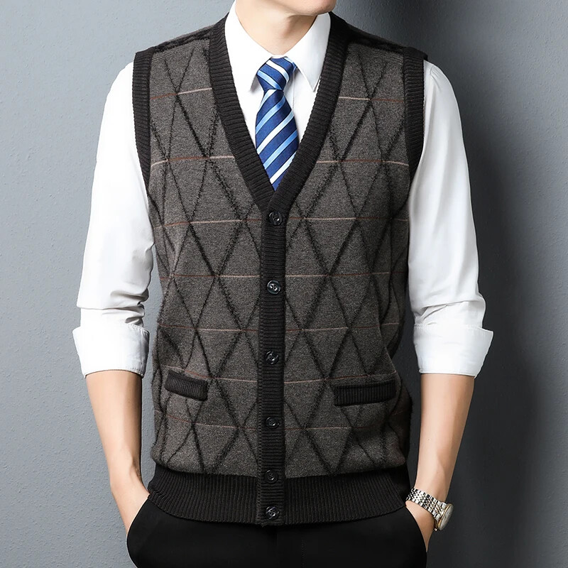 Novi jesenski muški kardigan prsluk, poslovno ležerni modni pleteni džemper s džepovima za toplinu, prsluk s V-izrezom