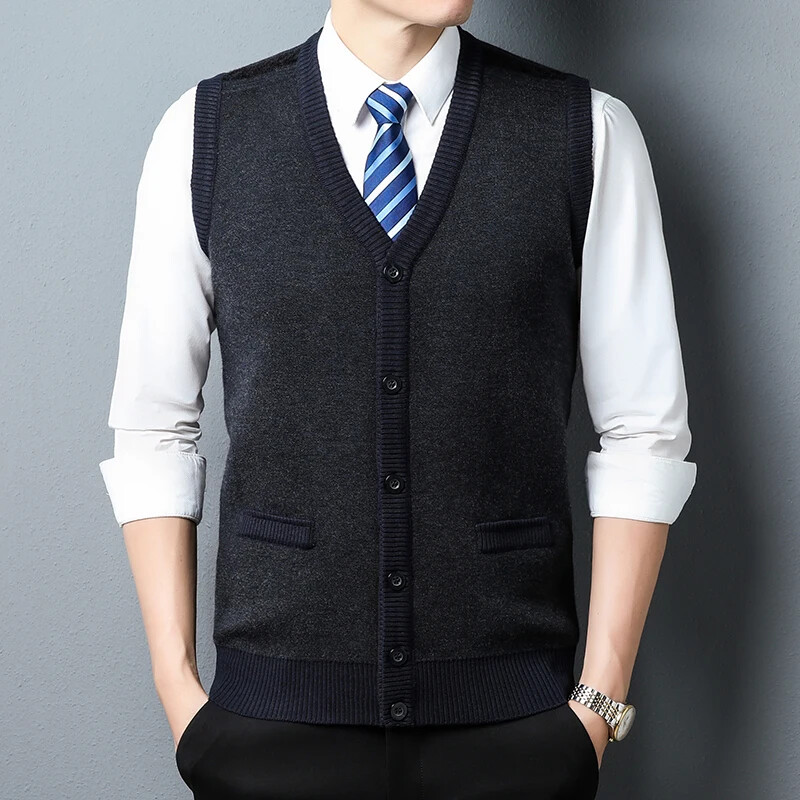 Novi jesenski muški kardigan prsluk, poslovno ležerni modni pleteni džemper s džepovima za toplinu, prsluk s V-izrezom