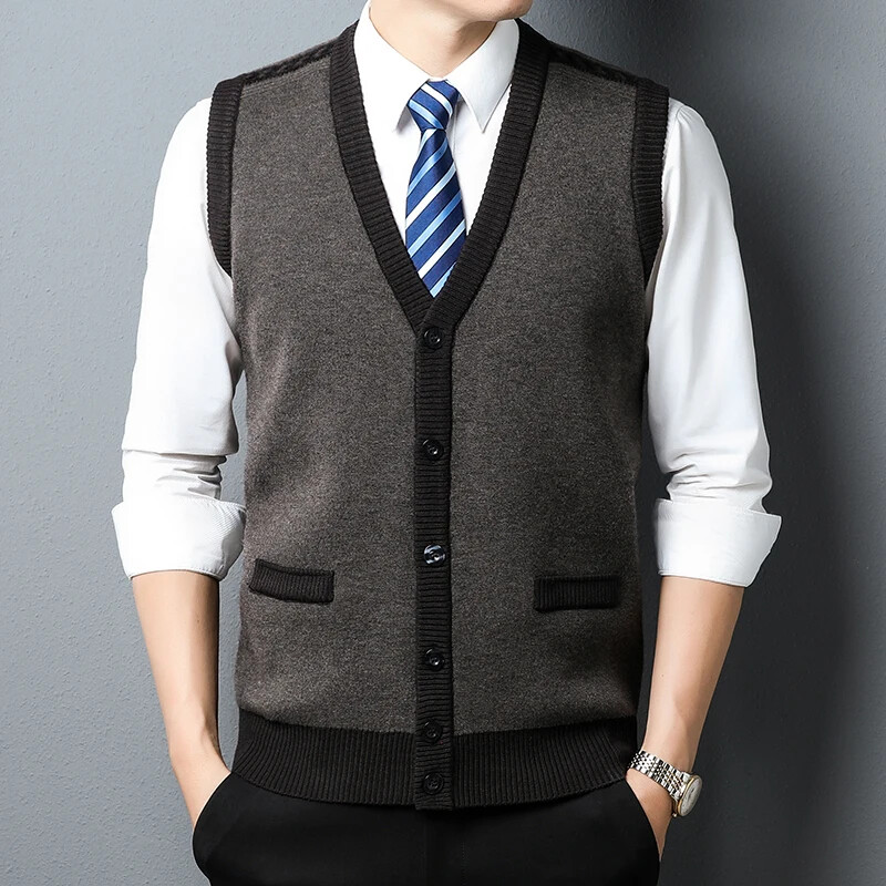 Novi jesenski muški kardigan prsluk, poslovno ležerni modni pleteni džemper s džepovima za toplinu, prsluk s V-izrezom