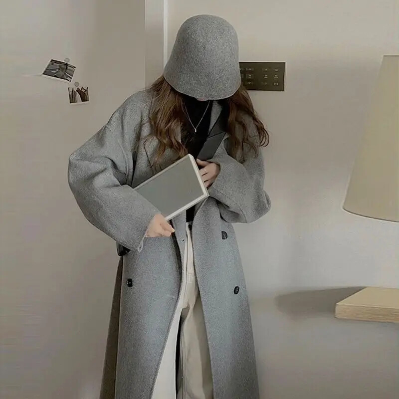 Visokokvalitetni sivi vuneni kaput Ženska jesensko-zimska široka zadebljana jakna u studentskom stilu