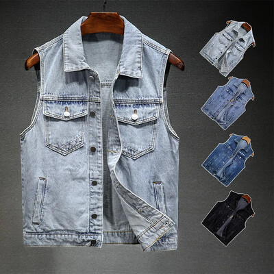 Vestă din denim slim fit 2024, fără margini, ocazională, la modă, cu umăr, fără mâneci, primăvară, toamnă, pentru bărbați, modă
