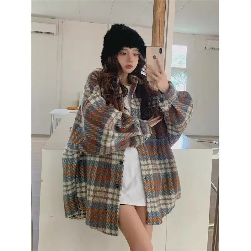 Jachetă de cămașă în carouri din lână îngroșată, de epocă