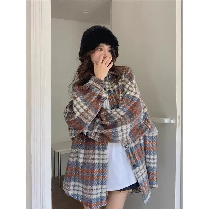 Jachetă de cămașă în carouri din lână îngroșată, de epocă