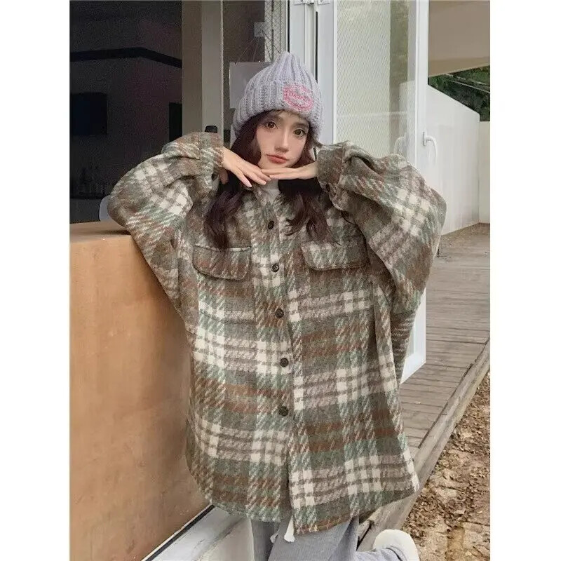 Jachetă de cămașă în carouri din lână îngroșată, de epocă