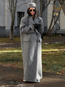 Sivi vuneni dugi kaput s duplim kopčanjem za žene s reverima i džepovima Preveliki kaput 2024. Ženska topla gornja odjeća za putovanje na posao