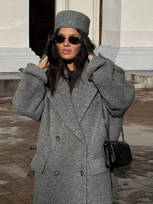 Sivi vuneni dugi kaput s duplim kopčanjem za žene s reverima i džepovima Preveliki kaput 2024. Ženska topla gornja odjeća za putovanje na posao