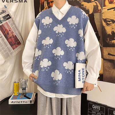 VERSMA Korejski vintage plavi oblak s V-izrezom, prekomjerni prsluk, muški jesenski pleteni džemper u fakultetskom stilu, prsluk, prsluk, ženski dropshipping