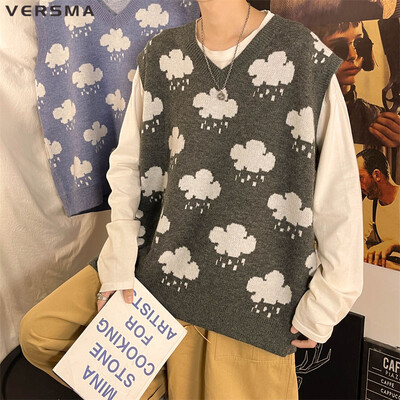 VERSMA Korejski vintage plavi oblak s V-izrezom, prekomjerni prsluk, muški jesenski pleteni džemper u fakultetskom stilu, prsluk, prsluk, ženski dropshipping