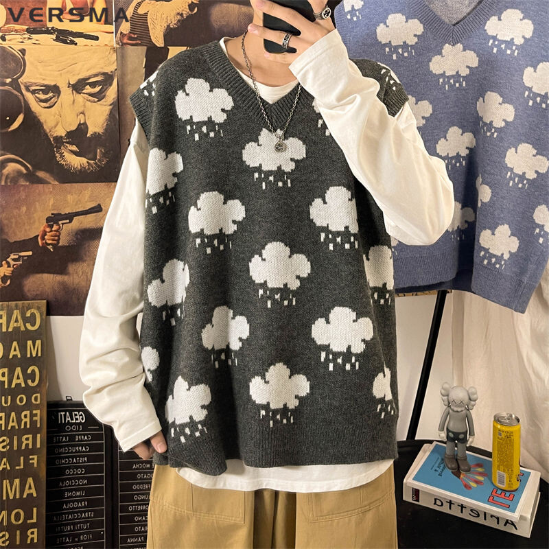 VERSMA Korejski vintage plavi oblak s V-izrezom, prekomjerni prsluk, muški jesenski pleteni džemper u fakultetskom stilu, prsluk, prsluk, ženski dropshipping