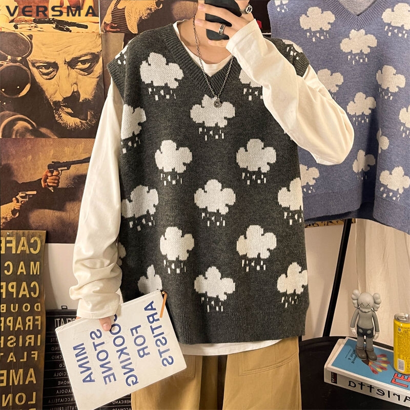 VERSMA Korejski vintage plavi oblak s V-izrezom, prekomjerni prsluk, muški jesenski pleteni džemper u fakultetskom stilu, prsluk, prsluk, ženski dropshipping