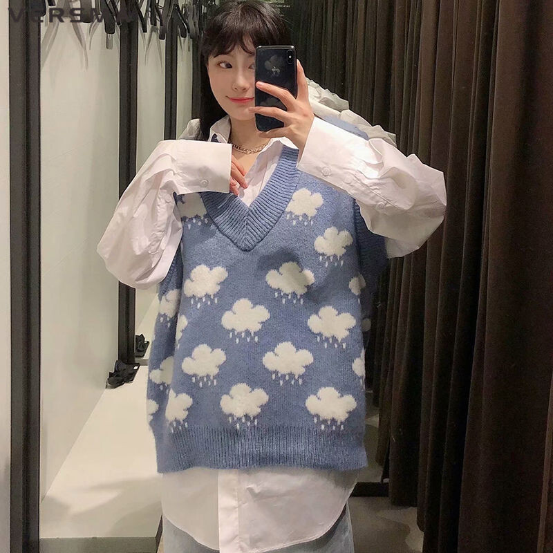 VERSMA Korejski vintage plavi oblak s V-izrezom, prekomjerni prsluk, muški jesenski pleteni džemper u fakultetskom stilu, prsluk, prsluk, ženski dropshipping