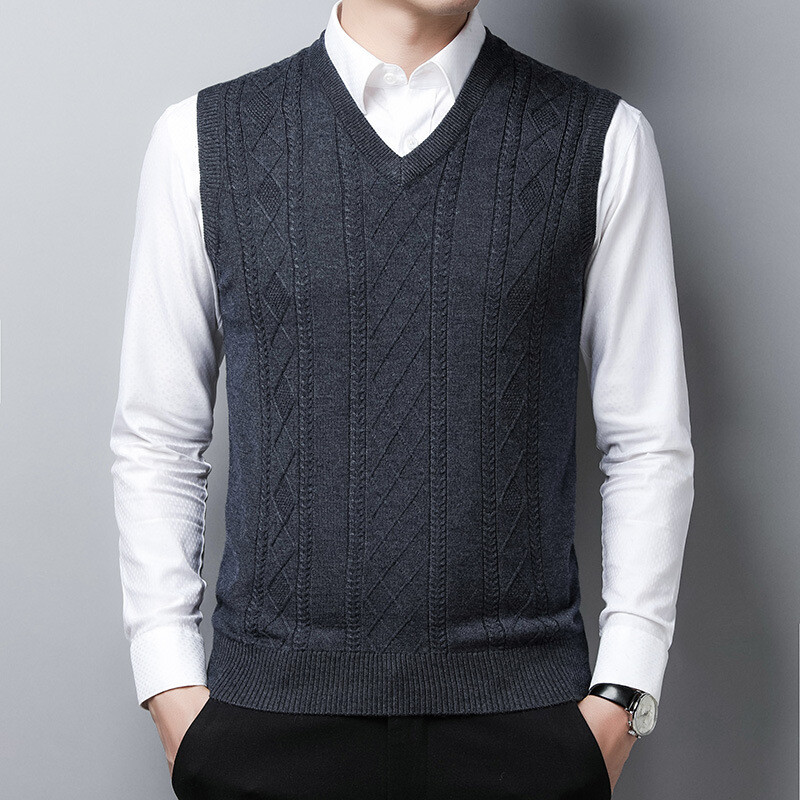 U jesen i zimu 2024. novi muški modni prsluk od jacquard čiste boje za mlade, topli krzneni šal džemper bez rukava