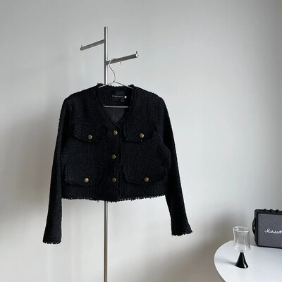 Елегантна дамска жилетка в стил туид, свободна кройка, V-образно деколте, есен 2024 г., ново пристигане, корейска версия, модно късо яке, 30 овце