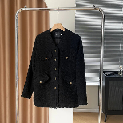 Елегантна дамска жилетка в стил туид, свободна кройка, V-образно деколте, есен 2024 г., ново пристигане, корейска версия, модно късо яке, 30 овце