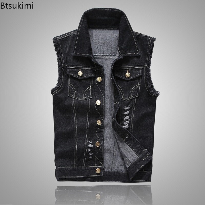 Modna nova traper jakna bez rukava, muški pamuk, ležerni jeans prsluk, korejski kaubojski tanak prsluk s rupama, 2024, muška hip-hop ulična odjeća