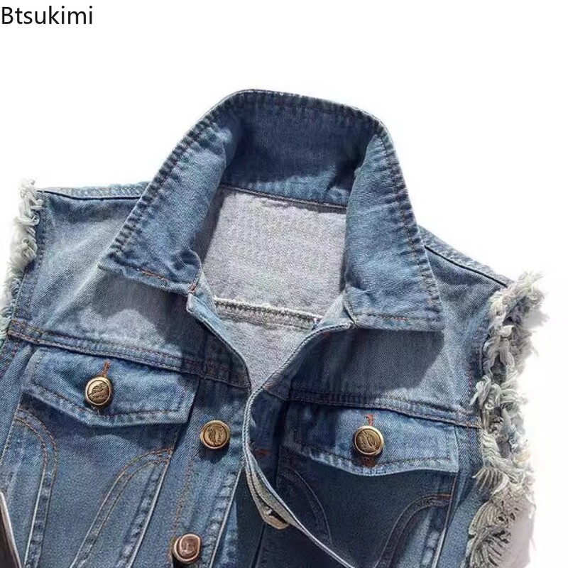 Modna nova traper jakna bez rukava, muški pamuk, ležerni jeans prsluk, korejski kaubojski tanak prsluk s rupama, 2024, muška hip-hop ulična odjeća