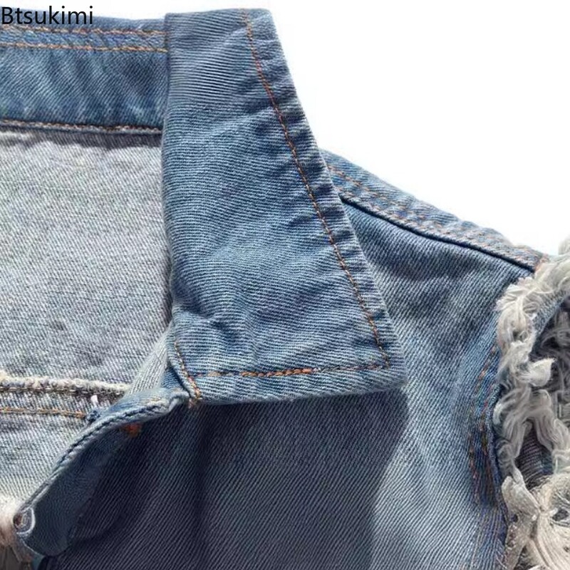 Modna nova traper jakna bez rukava, muški pamuk, ležerni jeans prsluk, korejski kaubojski tanak prsluk s rupama, 2024, muška hip-hop ulična odjeća