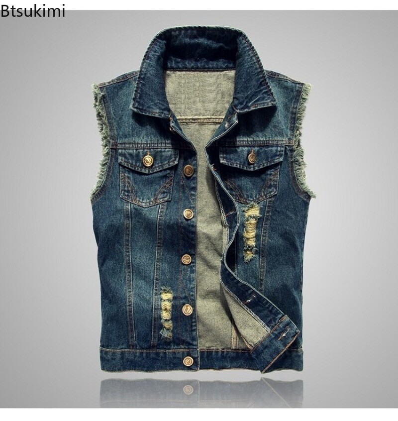 Modna nova traper jakna bez rukava, muški pamuk, ležerni jeans prsluk, korejski kaubojski tanak prsluk s rupama, 2024, muška hip-hop ulična odjeća