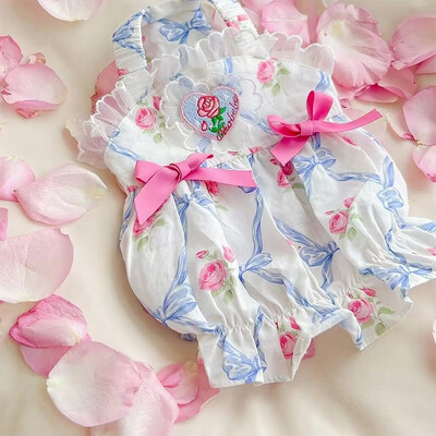 Odjeća za pse Plava cvjetna naramenica Kratka suknja princeze Ljetna ženska mašna Bundeva Sling suknja Dva stopala Teddy srednje haljine za štene