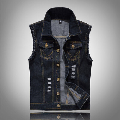 Jachetă de blugi fără mâneci pentru bărbați, negru, vestă coreeană, bărbați, bumbac, slim fit, hip hop, îmbrăcăminte de stradă, vestă din denim ruptă oversize 6XL