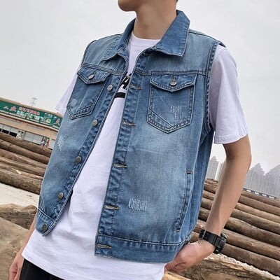 Veste din denim pentru bărbați 2023, primăvară, vară, blugi rupti cu găuri lungi, vestă, veste casual, fără mâneci, îmbrăcăminte exterioară