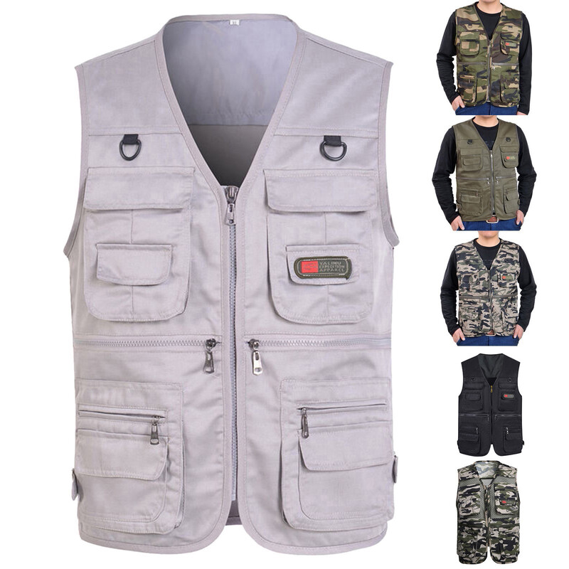 Muška jakna s teretnim prslukom za ležerni rad na otvorenom, ribolov, putovanja, s više džepova, prozračna mrežasta kamuflažna gornja odjeća za sve sezone