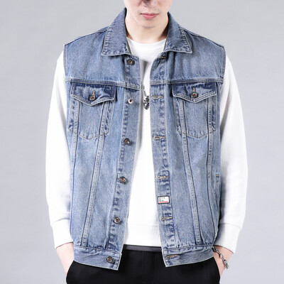 Jesenski traper prsluk Muška plava traper jakna bez rukava Retro ulična odjeća Muška moda široki traper kaput s džepnim motociklom