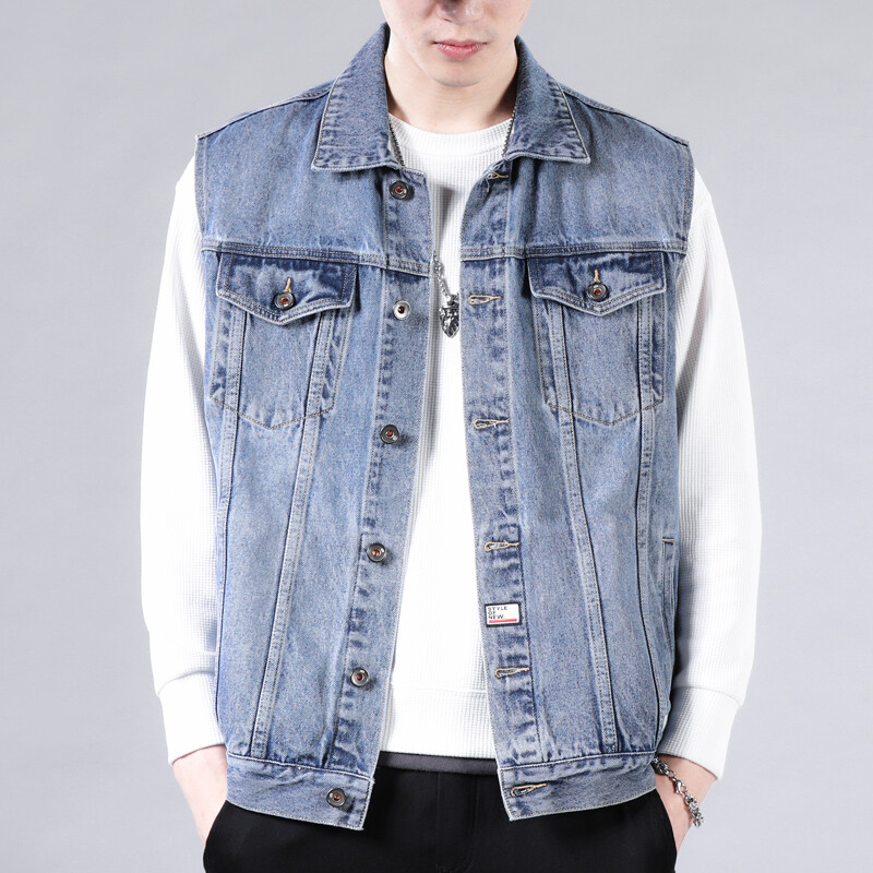 Jesenski traper prsluk Muška plava traper jakna bez rukava Retro ulična odjeća Muška moda široki traper kaput s džepnim motociklom