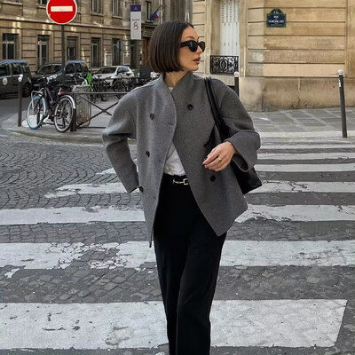 Elegantni vuneni ženski kaputi Opušteni, ležerni, s dvostrukim kopčanjem, stojećim ovratnikom, Kratka jakna 2024. Jesenski zimski kaput Ženska gornja odjeća za putovanje na posao